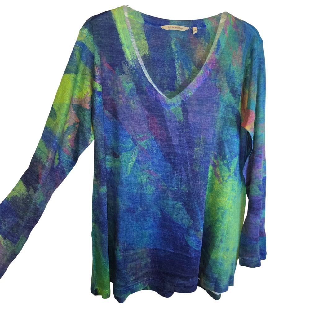 Soft Surroundings Colorful Sweater Top V-Neck Medium Blue Green Abstract